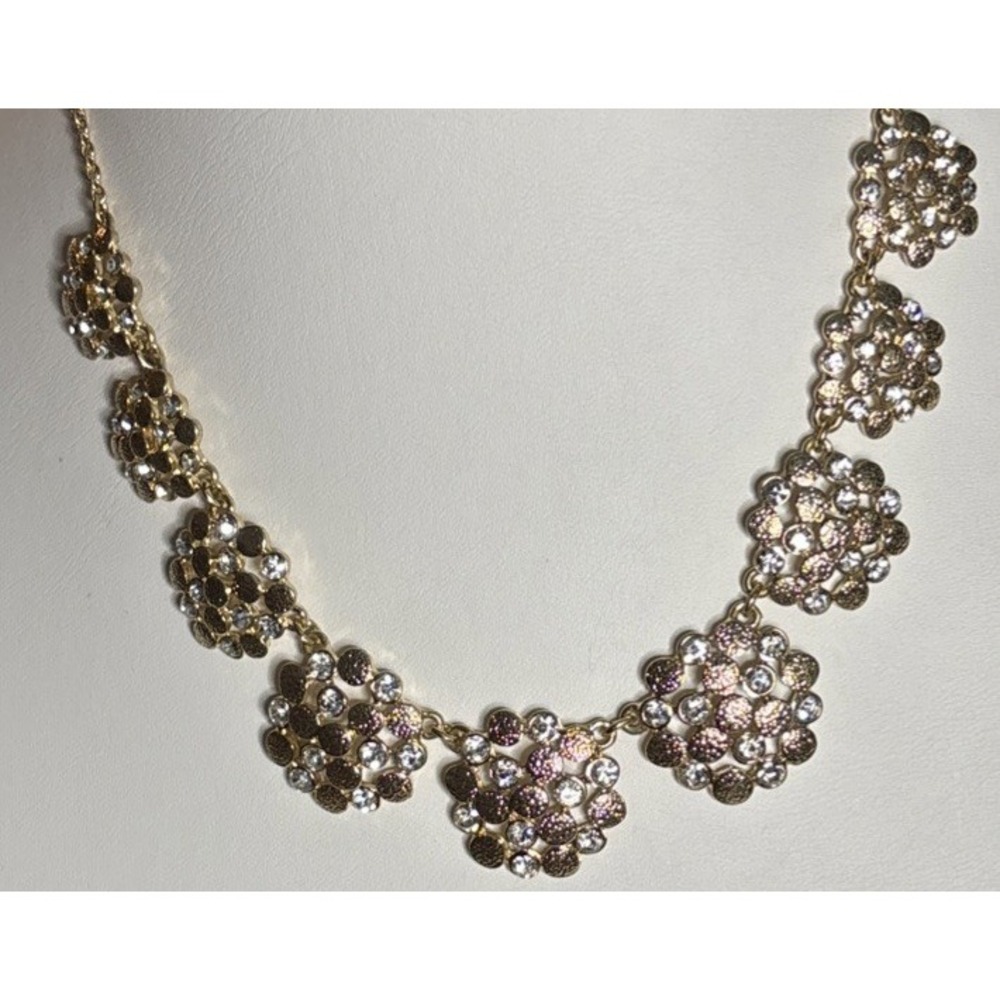 Monet Gold Tone Clear Rhinestone Floral Medallion Statement Bib Necklace